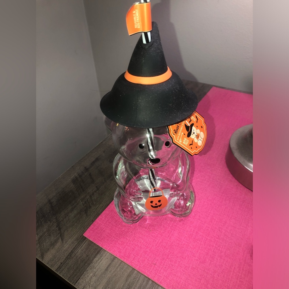 🎃 Halloween Bear with Witch hat - glass cup with straw 🎃 2 available
